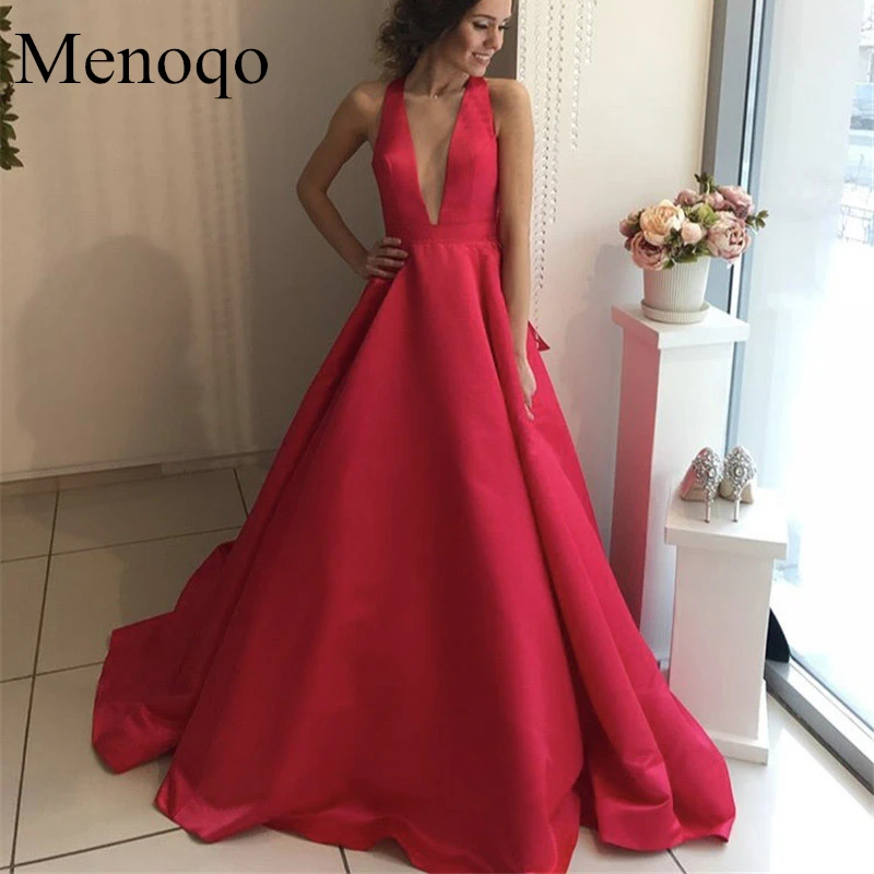 

Modest Red Arabic Evening Dresses 2019 Deep V-Neck Corset Back with Bow A-Line Formal Party Gowns Sweep Train robe de soiree
