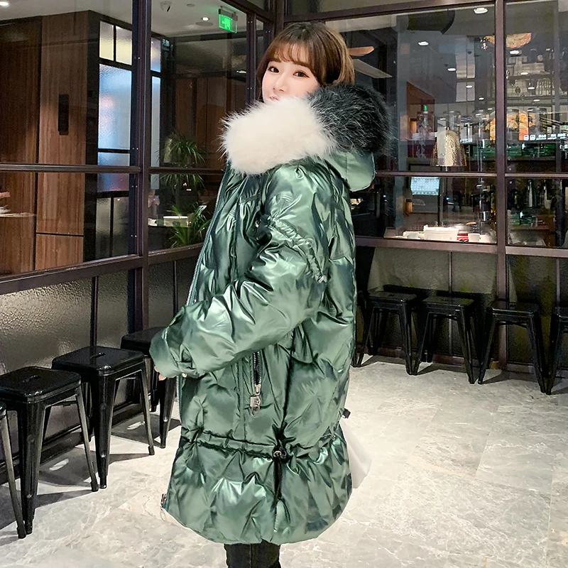 2020 Winter Long Shiny Jacket For Women Solid Plus Size Hooded Parkas Korean Style Fur Collar Thick Outwear Coats Chaqueta Mujer