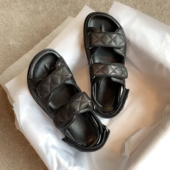 

women sandals genuine leather Flats thick bottom women sandals summer luxury shoes black casual shoes high quality with logo