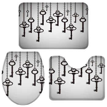 

Key Retro Style Art Black Illustration Bath Set Toilet Cover Mat Pedestal Rug Non-Slip Bathroom Rug Set