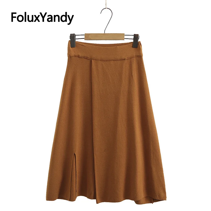 

Ankle-Length Skirt Plus Size XXXL 4XL Casual Knitted A-Line Women's High Waist Skirt Black Brown KKFY5076