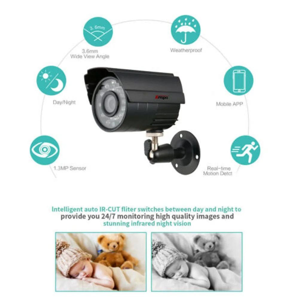 Anspo Home Security Cameras System Video Surveillance Kit CCTV 4CH 720P 4PCS Outdoor AHD Security Camera System