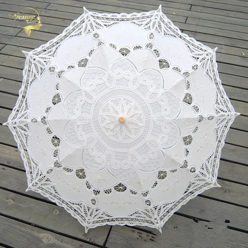 New Sun Umbrella Cotton Embroidery Bridal Umbrella White Ivory Battenburg Lace Parasol Decorative umbrella for wedding