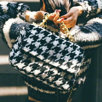 

New Stylish Women Wool Flap Shoulder Messenger Bag Ladies Houndstooth Chain Bag Large Capacity Diamond Lattice Handbags