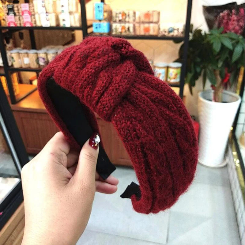 wine red 1 шт., однотонная широкая шерстяная повязка на голову, вязаная крючком повязка на голову для девочек, вязаные повязки на голову для девочек, повязка на голову, зимние теплые повязки на голову - Цвет: wine red