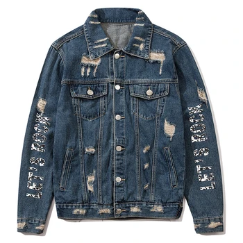 

Ripped Denim Jackets Streetwear HipHop Mens Vintage Punk Rock Loose Cowboy Letter Print Jeans Jacket Unisex Coats Tops Male