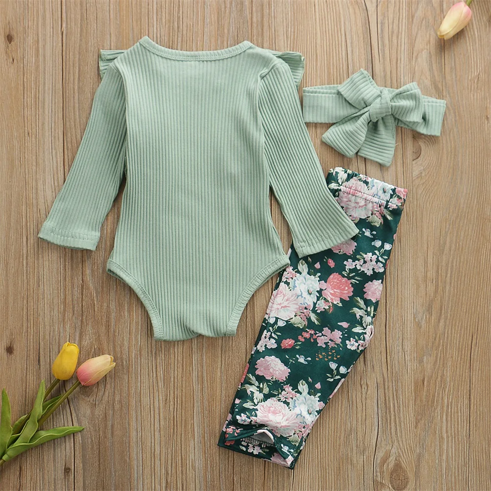 0-24M 3PCS Newborn Baby Girl Clothes Set Kid Tops Long Sleeve Romper Floral Pants Headband Outfits Set Clothes