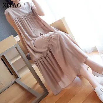 

XITAO Korean Style Pleated Dress Women Fashion Loose Plus Size Loose Short Sleeve Dresses Elegant Women Clothes 2020 DMY4748