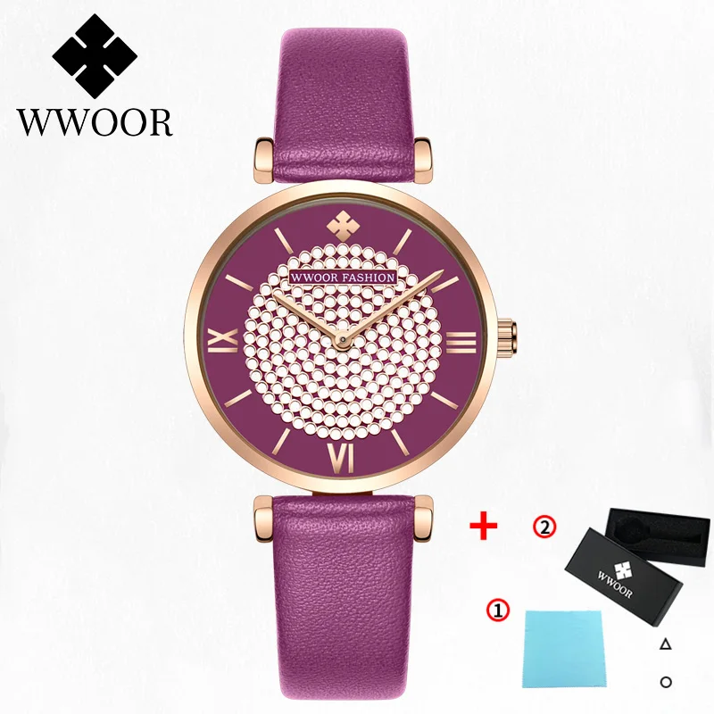 Purple Женские часы WWOOR, современная мода, красный кварц, подарки, часы, кожаный роскошный браслет, Премиум качество, повседневные женские наручные часы - Цвет: Purple