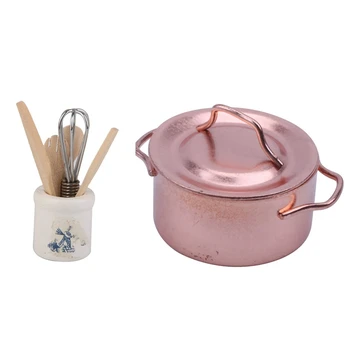 

2 Set 1/12 Dollhouse Miniature Dinnerware Set Home Kitchen Accessory, 1 Set Mini Pot & 1 Set Eggbeater Knife Fork Spoon