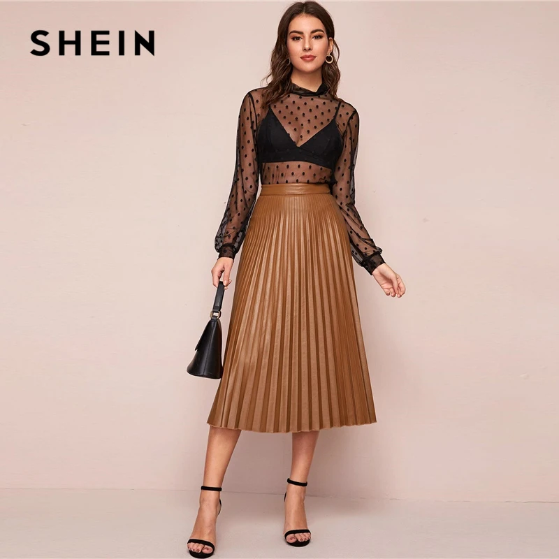 Женская плиссированная юбка SHEIN элегантная однотонная кожаная миди с высокой