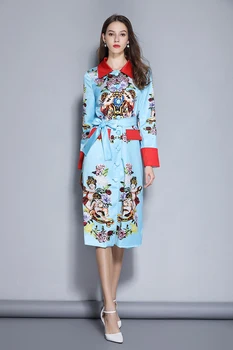 

2020 Spring Runway Color Angel Long Trench Coat Women Elegant Belt Overcoat Floral Print Casual Outerwear Vintage Streetwear