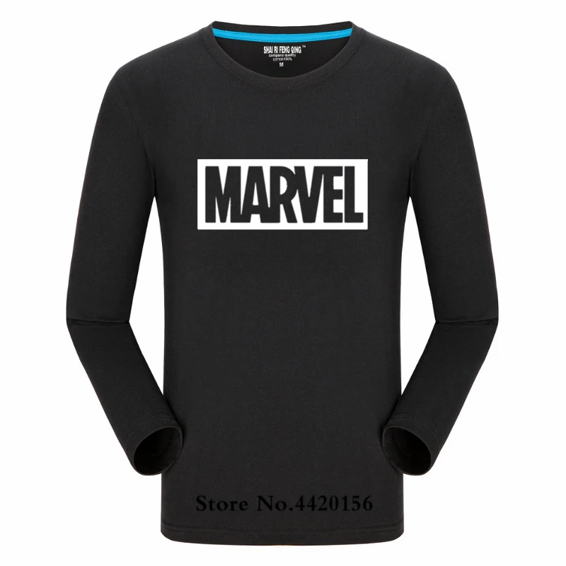 Pop Tide, новая модная футболка Marvel с длинным рукавом, мужской принт супергероев, футболка с круглым вырезом, комическая футболка с надпись Marvel, топы, Мужская одежда, футболка - Цвет: Black