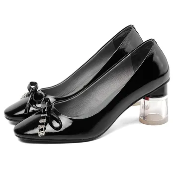 

Women's genuine leather slip-on pumps thick high heel comfortable OL style dress shoes evening female footwear shoes for women