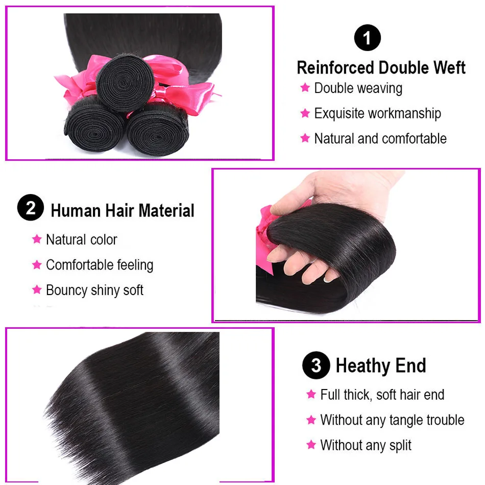 LINKELIN Human Hair Bundles With Closure Brazilian Straight Hair Bundles With Closure Remy Hair 4 Bundles With Closure