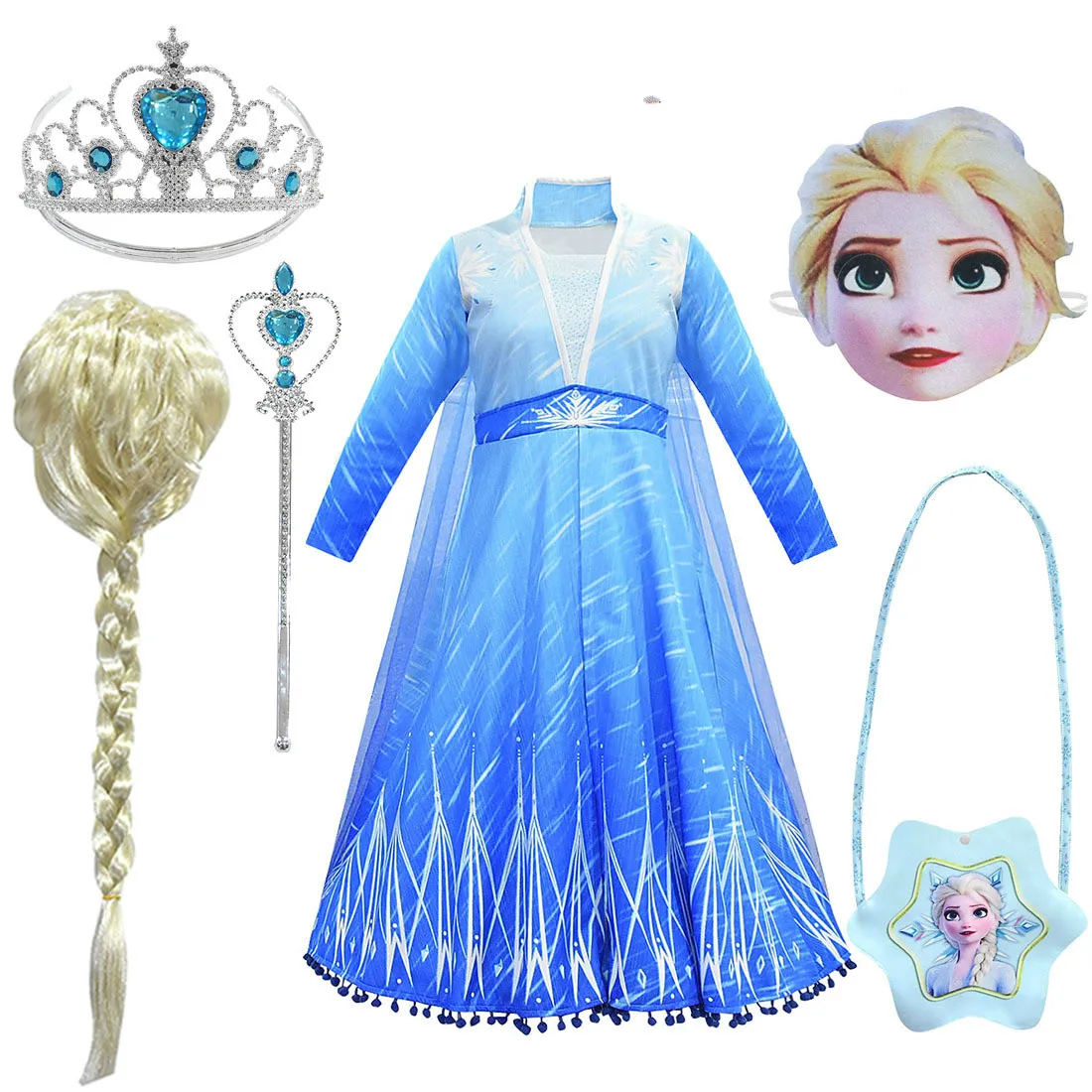 dress G Детские Платье Эльзы для девочек плащ Косплэй костюм вечерние принцесса Маскировка парик с напечатанными рисунками; комплект с платьем с длинным рукавом Одежда для представлений - Цвет: dress G