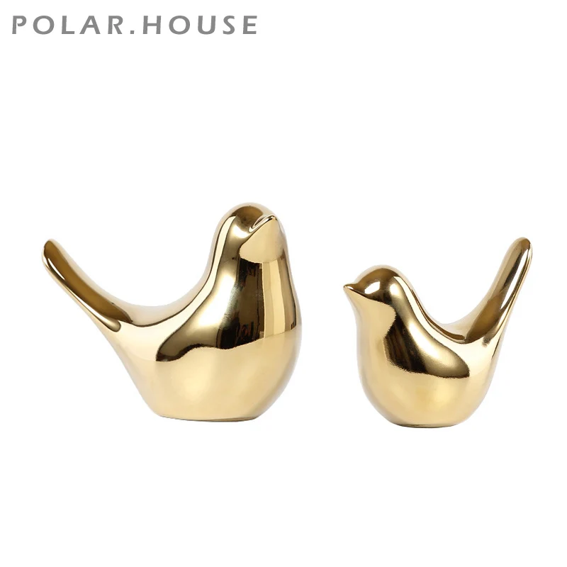 Golden Bird Figurines Statues Animal-Sculpture Wedding-Gifts Polar-House Home-Decoration