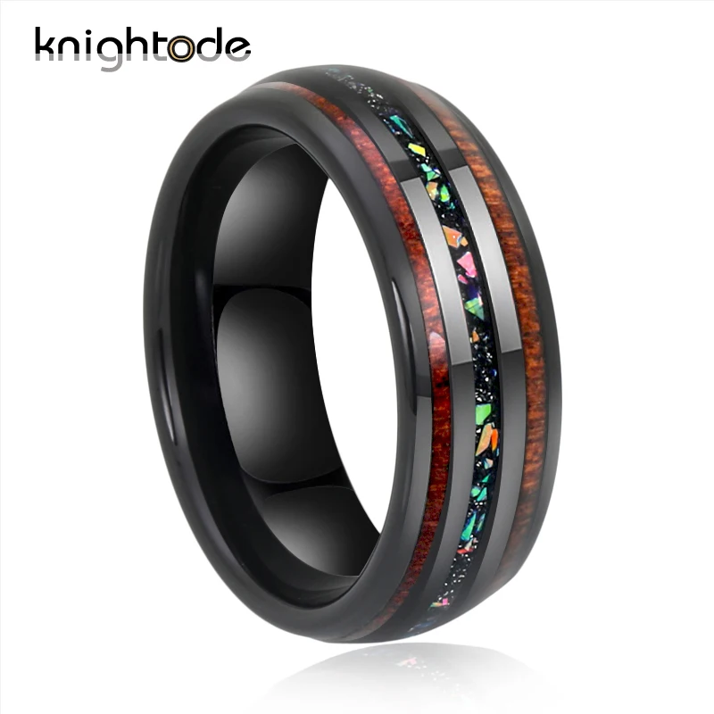 Black Tungsten Огненный опал и Гавайи Koa деревянная инкрустация 8 мм черный/Серебряный вольфрам карбид кольцо Свадебные ювелирные изделия подарок полировка куполообразной полосы комфорт Fit - Цвет основного камня: Black Tungsten