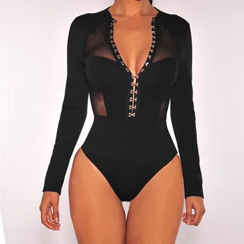

High Quality Women Bodysuit Babydoll Long Sleeve Solid Button Playsuit Body Suits For Woman V-Neck Black Sexy Romper Jumpsuits