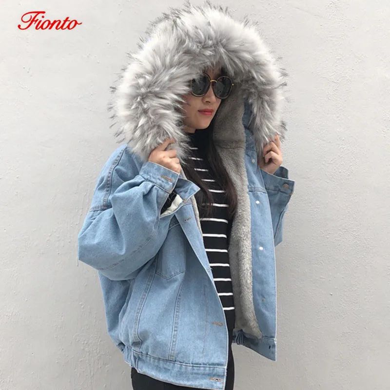 

Women Jean Jackets Retro Big Fur Collar 2019 Winter Denim Jacket Loose Oversize Basic Coats Warm Female Outwear ZF11094