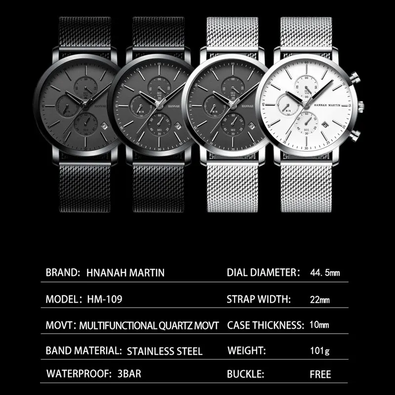 HANNAH Martin мужские часы Роскошные спортивные часы для мужчин из нержавеющей стали 6 рук мужские наручные часы сетка группа мужские часы Relogio