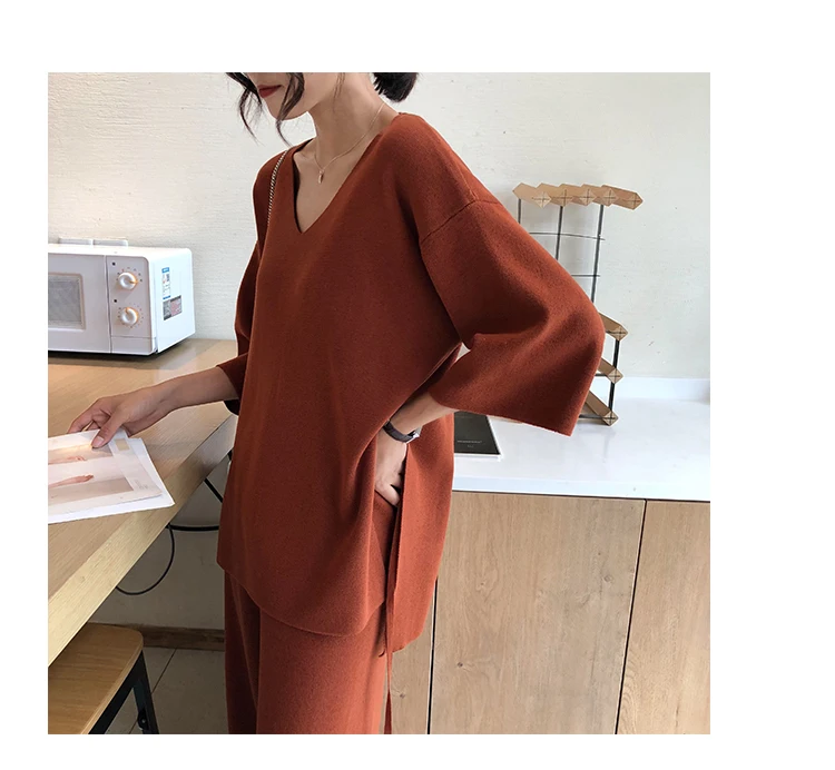 Aseven knitted suits female easing of autumn new fund split wide-legged pants twinset sweater big yards