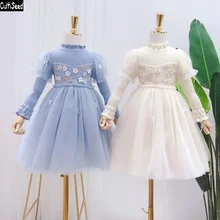 Детские вязаные свитера для девочек; Лоскутные Вечерние платья из сетчатой ткани с объемным цветочным рисунком; осеннее платье с длинными рукавами для больших детей; милое детское платье