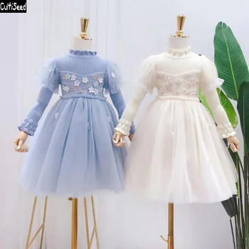 

Cultiseed Baby Girls Knitted Sweaters Patchwork 3D Floral Mesh Party Dress Big Children Autumn Long Sleeve Dress Kids Cute Dress