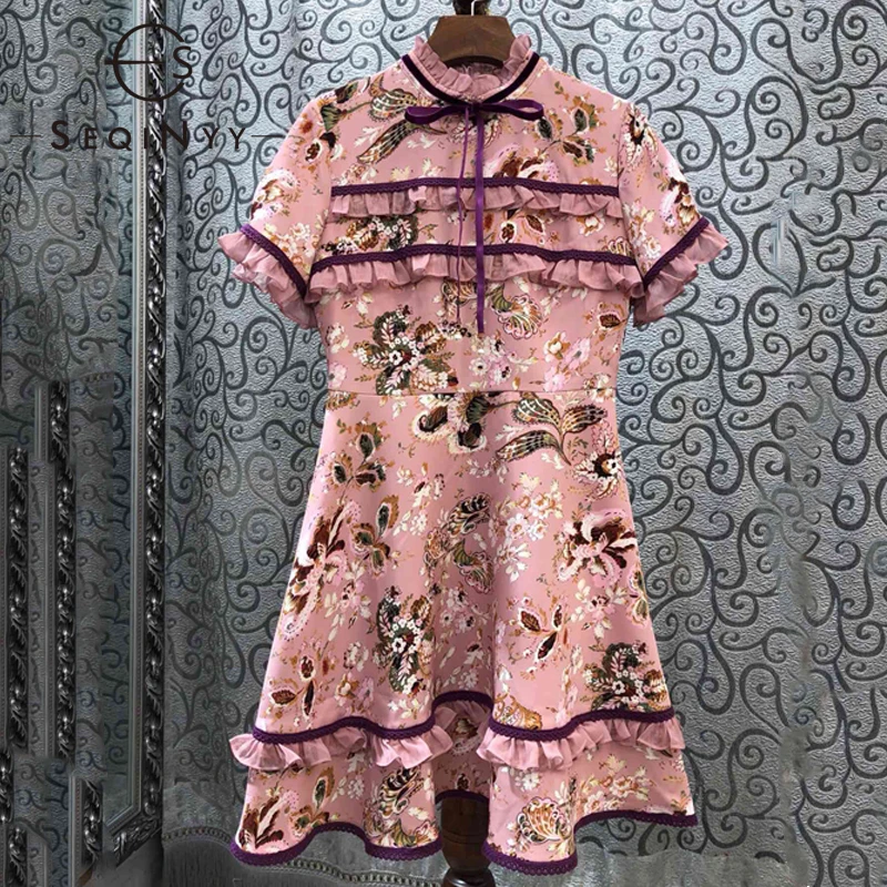 

SEQINYY Sweet Dress 2020 Summer Spring New Fashion Design Short Sleeve Ruffles Bow Flowers Printed Mini A-line Dress