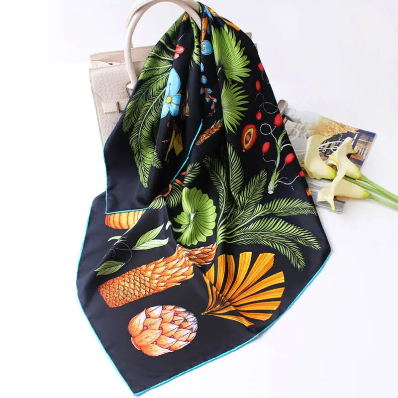 

100% Twill Silk Scarf Bandana Fashion Palm Tree Print Kerchief Soft Shawl Hijab for Women Girls Gift Square Turban 90*90cm