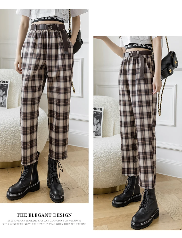 Xadrez de Cintura Alta com Cinto Fitaylor Primavera Verão Nova Chegada Senhoras Fino Harem Calças Femininas Casuais Soltas Compridas 22 Moda Feminina