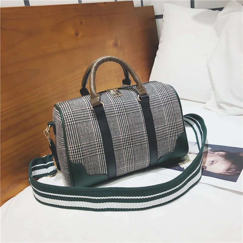 

Woolen Plaid Boston Bag Pillow Bag Large Capacity-Style Shoulder WOMEN'S Bag