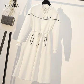 

plus size L-4XL autumn dress women elegant casual long sleeve zipper letter print knee length dress vestido fashion winter dress