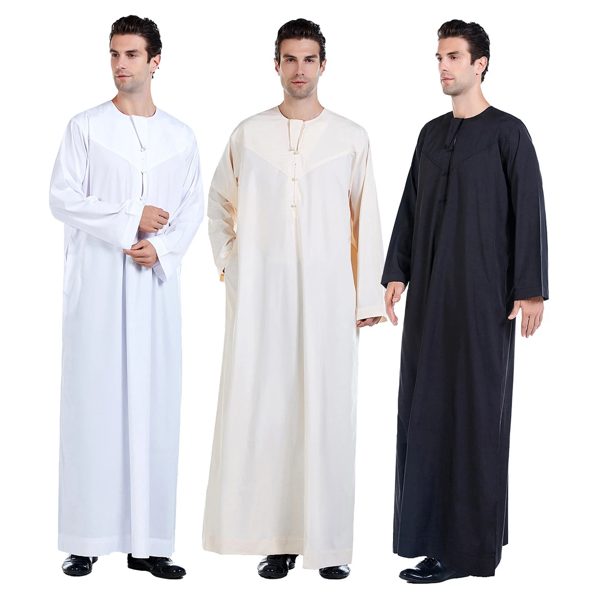 Mens Saudi Abaya Muslim Dubai Long Sleeve Round Collar Robe 