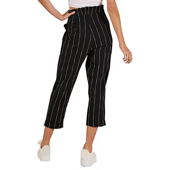 

Solid Color Vertical Stripes Ladies Slim Loose Straight Leg Pants Pocket Casual Light Button Pants Cropped Trousers