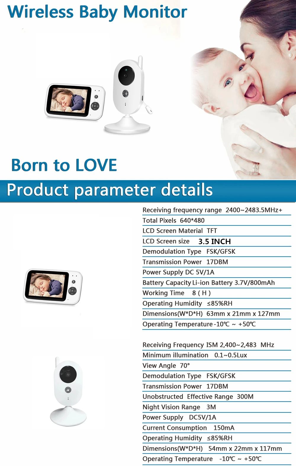 2.4G Wifi Digital Camera Baby Monitor with Night Vision Temperature Monitoring Two Way Voice Security Camera Battery Monitor 4
