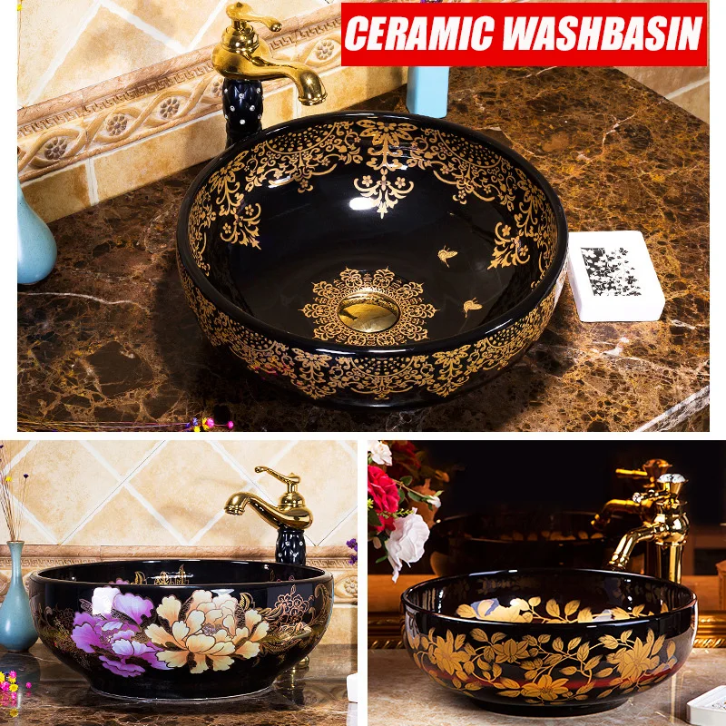 

Luxury Art Ceramic Washbasin Bathroom Sink Lavatory Sink For Toilet Shampoo Basin Round Countertop Washbasin Matching Set Drain