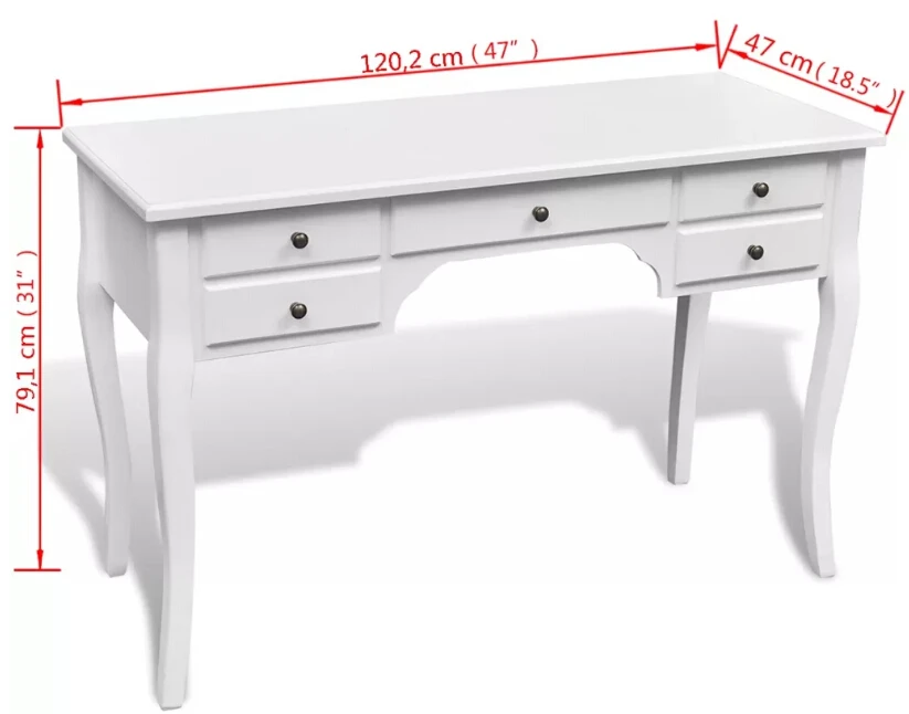 

VidaXL High Quality Bedroom Desk with 5 Drawers White Office Table Wood Covered Work Desk with Storage Drawers Console Table