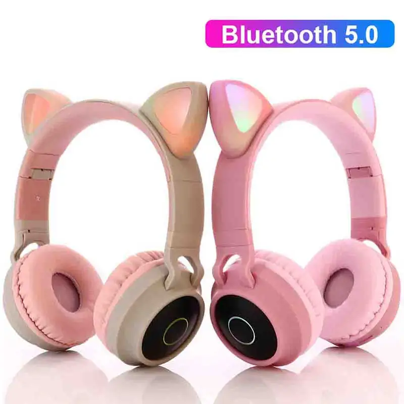 Noise Canceling Cat Ear LED Headphones Bluetooth 5 0 Young Kids Headphones TF Card Compatible 3 5mm Plug Microphone