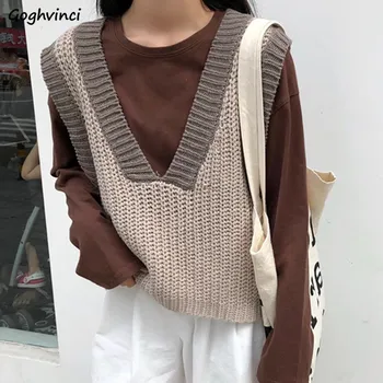 

Sweater Vest Women Spring V-neck Loose Patchwork Loose Preppy Style Vintage Slender Female Sleeveless Waistcoat Chic Fashion Mew