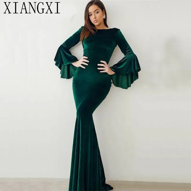 AliExpress Dark Green Velvet Mermaid Prom Dresses 2020 Long Sleeves Closed Back Court Train Custom Made for
