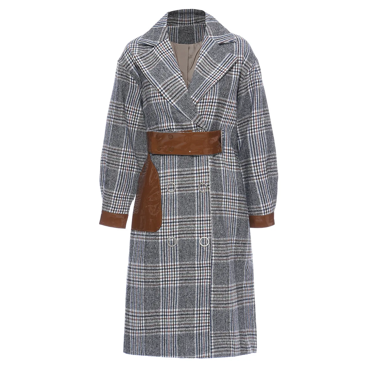 GETSPRING Women Trench Coat Patchwork Plaid Trench Coat Women Vintage Long Woolen Overcoat Autumn Winter Overcoat Women 2020