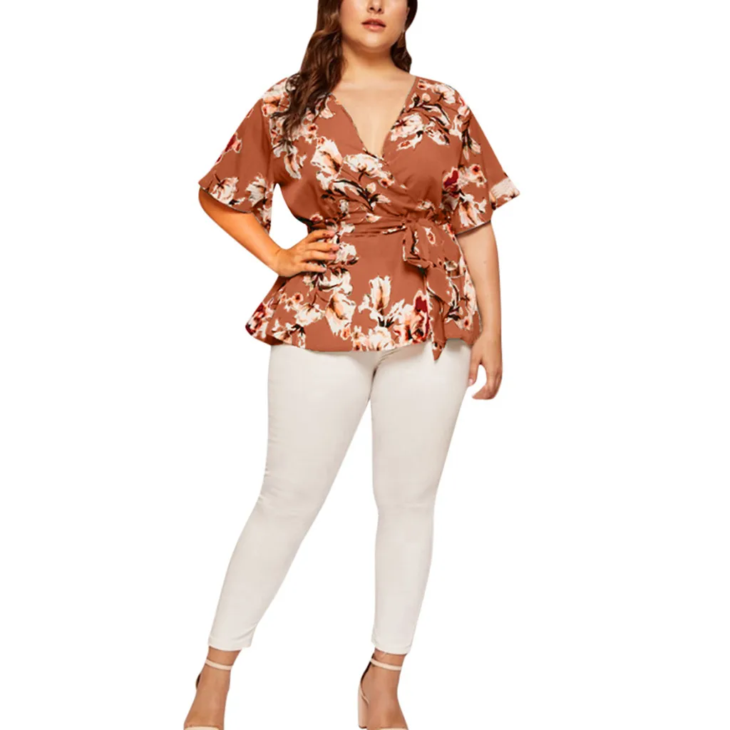 5xl Plus Size Floral V-neck Shirt Women's Casual Short Sleeve Tunic Printing Waist Belt Blouses Tops Women Clothing Blusas Mujer shirts & tops