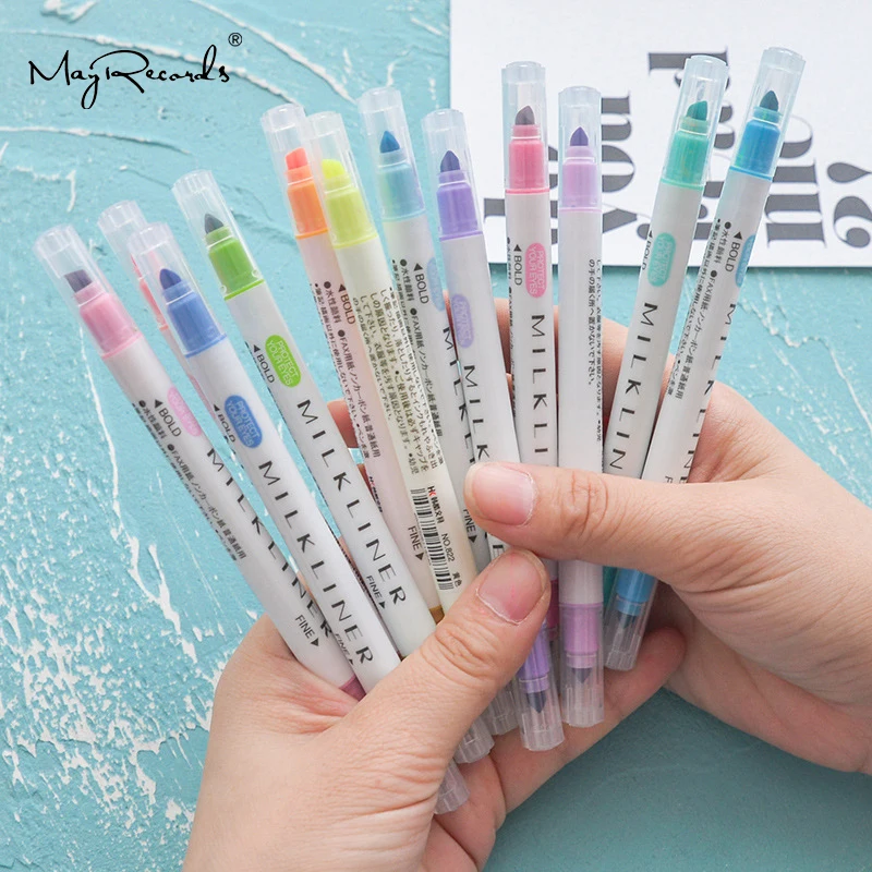 

Free Shipping 12 Colors/set Cute Highlighter Double Sided Fluorescent Pen Drawing Marker Pen Decoration Stationery School Supply