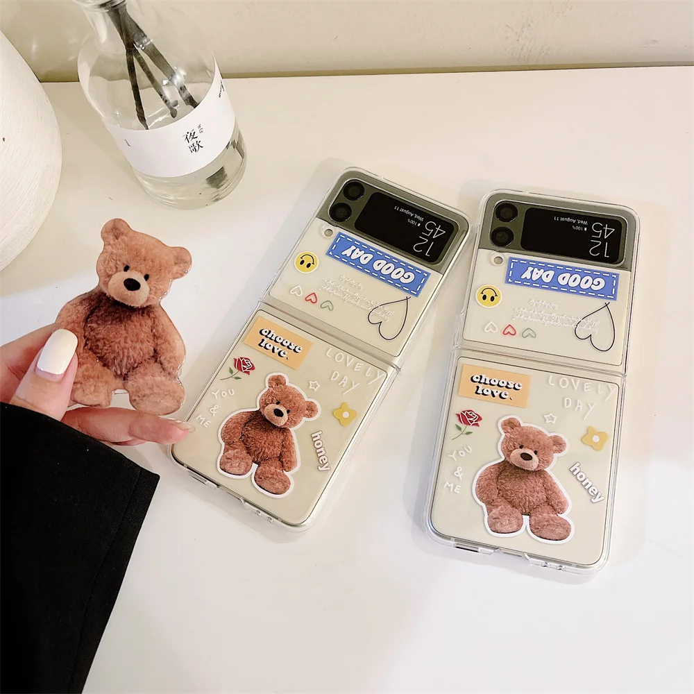 New Hard PC Phone Capa Case For Samsung Galaxy Z Flip3 5G Korea Cute Cartoon Bear Holder Funda Para Cover For Galaxy Z Flip 1 2 case for samsung z flip 3