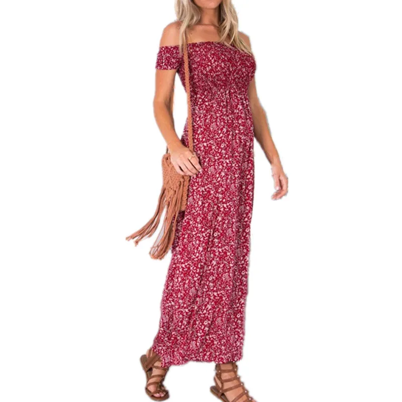 Сексуальное пляжное летнее платье без бретелек с открытыми плечами, винтажное богемное Макси-Платье, женское богемное платье с цветочным принтом, женские длинные платья с разрезом - Цвет: Red  8014