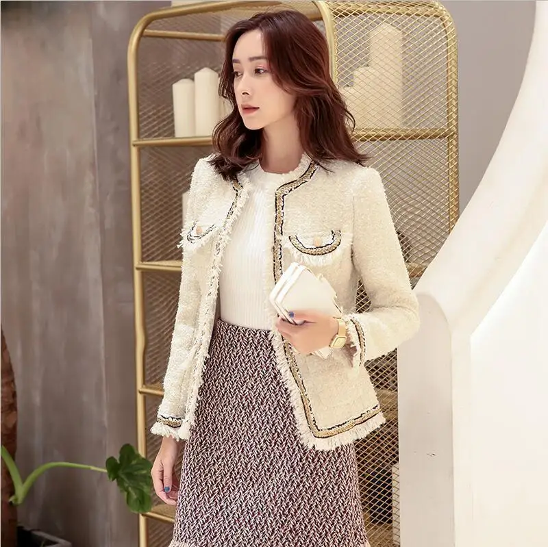 beige Высококачественные Брендовые женские куртки, модные приталенные пальто OL, новинка, осенняя верхняя одежда с кисточками, Женская твидовая куртка с длинным рукавом - Цвет: beige