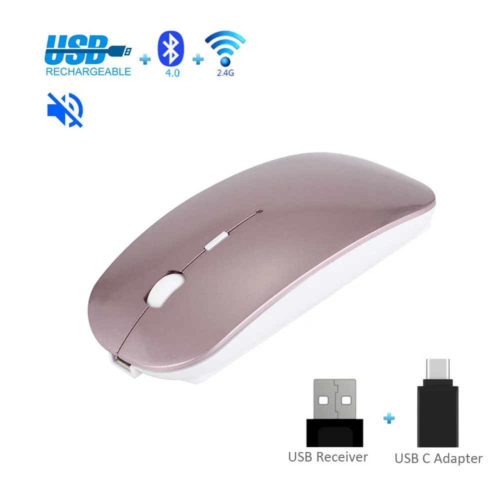 Pink Беспроводная мышь, Bluetooth мышь, бесшумная, 10 м, зарядка, эргономичная мышь для ноутбука, плоская, Ультра тонкая, USB мышь, 4,0+ 2,4G+ type-c, мышь, черный - Цвет: Pink
