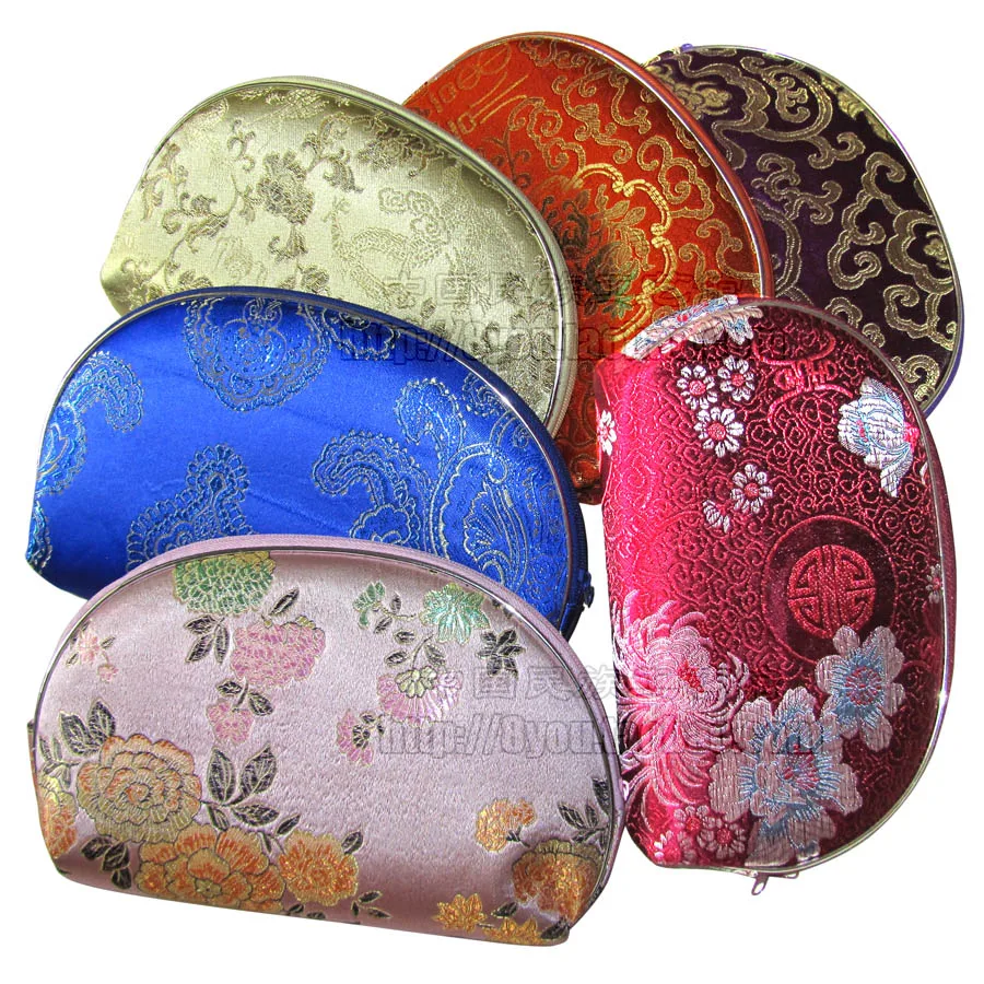 10 Sets Light Chinese style Silk Brocade 5 size Set Bag Travel Satin Pouch Zipper Coin Purses Jewelry Makeup Packaging Wallets