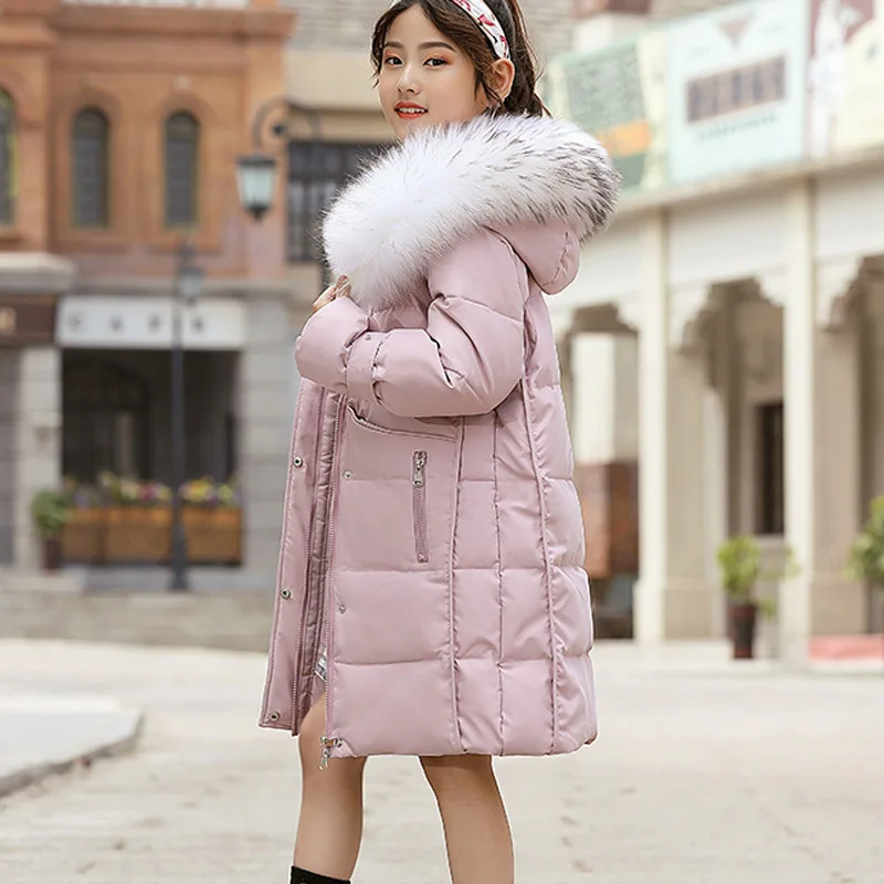 pink Детская куртка для девочек от 5 до 13 лет плотное теплое длинное зимнее пальто для девочек верхняя одежда с капюшоном и меховым воротником, пальто для девочек, RT617 - Цвет: pink